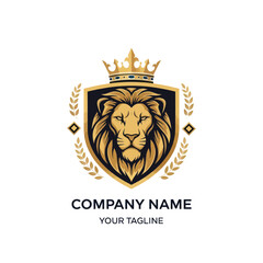 Obraz premium Golden Lion Head Logo with Crown and Shield, Embellished with Laurel Wreath on White Background, Flat Vector Elements, Vector Illustration, Simple Vector, Stylized Vector Drawing, Vector Template,