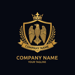 Majestic Golden Eagle Emblem Logo Design with Crown, Shield, Laurel Wreath, and Banner - Premium Branding Template for Corporate Identity and Professional Businesses, Flat Vector Elements, Vector