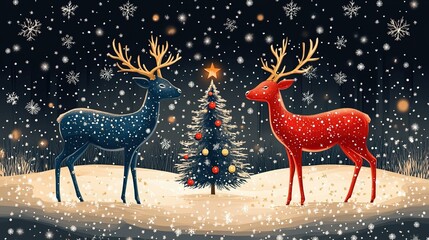 Two Reindeer Standing Beside a Christmas Tree in a Snowy Night Scene