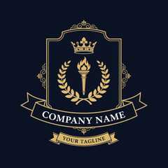 Elegant Heraldic Logo Design with Crown, Torch, Laurel Wreath, and Ribbons on a Navy Background, Flat Vector Elements, Vector Illustration, Simple Vector, Stylized Vector Drawing, Vector Template,