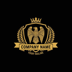 Golden Heraldic Eagle Emblem with Crown and Laurel Wreath for Company Branding and Luxury Identity, Flat Vector Elements, Vector Illustration, Simple Vector, Stylized Vector Drawing, Vector Template,