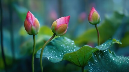 Three lotus buds in focus, one pointing upward and two bending gracefully downward, green leaves shimmering with dewdrops, serene lotus pond scenery, high-resolution photography