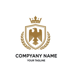 Golden Eagle Royal Crown Heraldic Shield Logo with Laurel Wreath and Placeholder Text on White Background - Elegant Business Brand Identity Design, Flat Vector Elements, Vector Illustration, Simple