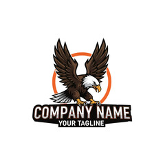 Obraz premium Powerful Bald Eagle Mascot Logo with Dynamic Spread Wings, Extended Talons, and Accent, featuring Brown Feathers, White Head, and Customizable Company Tagline for Sports or Business Branding on
