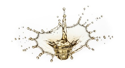 A dynamic golden-hued liquid splash is frozen in time against a clean white background featuring a central column and an intricate crown of droplets