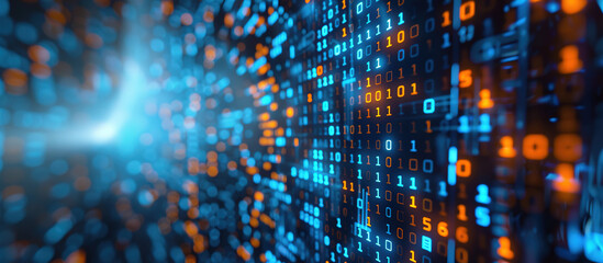 Obraz premium Digital Data Stream: A visually arresting digital stream of binary code cascades across the screen, highlighting the intricate complexity of information technology and data analysis. 