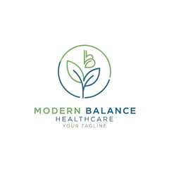 Modern BA Healthcare Logo with Green and Blue Stylized Plant, 'B' Initials, and Brand Name on White Background, Flat Vector Elements, Vector Illustration, Simple Vector, Stylized Vector Drawing,