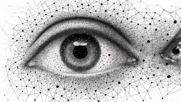 Stunning close-up of a human eye connected by a futuristic digital network, symbolizing AI consciousness and data visualization.