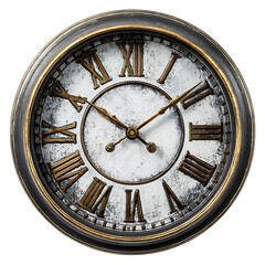 Antique wall clock with roman numerals isolated on transparent background.