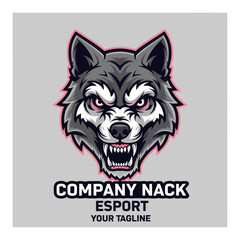 Aggressive Gray Wolf Head Mascot Logo with Snarling Expression, Pink Eyes, and Teeth for Esports and Gaming Brands, Flat Vector Elements, Vector Illustration, Simple Vector, Stylized Vector Drawing,