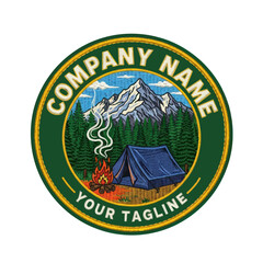 Style Camping and Outdoor Adventure Logo Emblem with Mountains, Forest, Campfire, and Tent, featuring Arched "COMPANY" and "YOUR TAGLINE" Text on a Dark Green and Gold Badge., Flat Vector Elements,