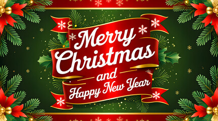 Merry Christmas and New Year Greeting With Festive Snowflakes and Poinsettia Border


