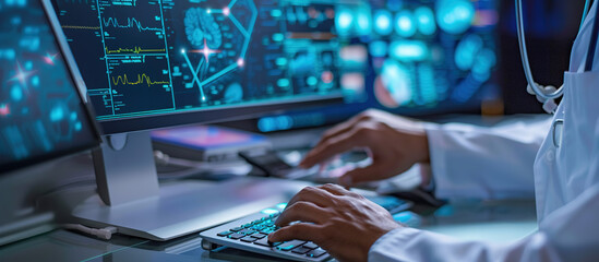 Diagnostic Precision: A skilled physician, immersed in advanced medical technology, expertly navigates a digital interface displaying intricate data, symbolizing cutting-edge healthcare