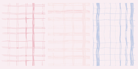 Three panels of pastel plaid patterns with hand drawn lines in pink and blue