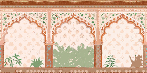 Ornate indian architectural arches with floral patterns and lush green foliage visible beyond