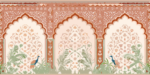 Intricate indian architectural arches with floral motifs and peacocks amidst lush greenery © Dibyendu
