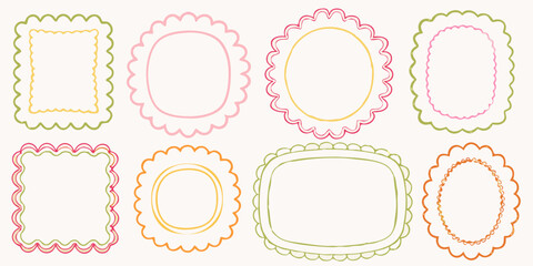Collection of eight hand drawn decorative scalloped frames in various shapes and pastel colors
