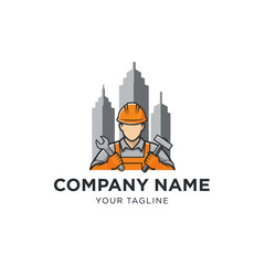 Professional Construction Worker Logo with Hard Hat, Wrench, and Hammer for Building and Repair Services in Cityscape, Flat Vector Elements, Vector Illustration, Simple Vector, Stylized Vector