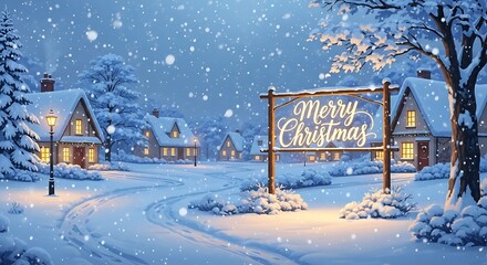 Charming christmas village covered in snow, with houses and a sign wishing merry christmas, a peaceful and idyllic holiday setting