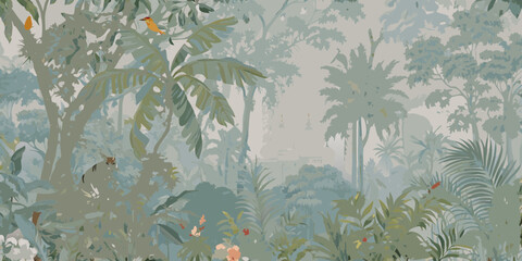 Misty tropical jungle landscape with exotic birds and distant ancient ruins in muted green and blue tones © Dibyendu
