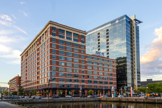Office buildings, restaurants and shops along the riverfront in Baltimore Maryland USA
