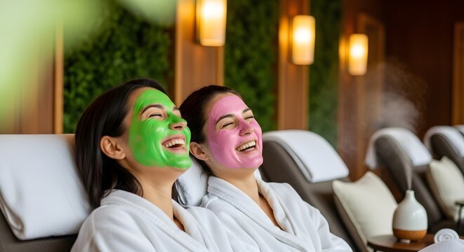 Joyful female friends laughing together during a relaxing spa day with cosmetic masks