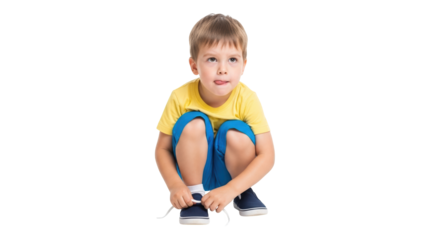 Young boy in yellow tshirt and blue shorts tying his shoelaces, isolated on transparent background