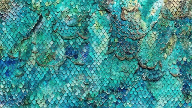 Stunning close up of textured teal and blue mermaid scales with metallic golden accents for fantasy backgrounds - Powered by Adobe