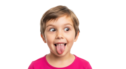 Little girl sticking her tongue out and crossing her eyes, isolated on transparent background