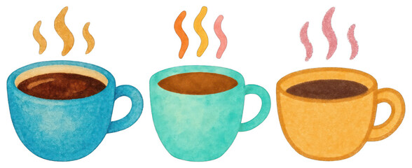 Obraz premium PNG Colorful steaming coffee cups illustration, element set on transparent background