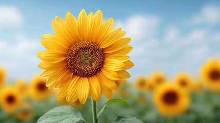 Fototapeta premium Bright and Vibrant Sunflower in a Field Under a Blue Sky with Soft Clouds, Capturing the Beauty of Nature and the Cheerful Essence of Summer Blooms