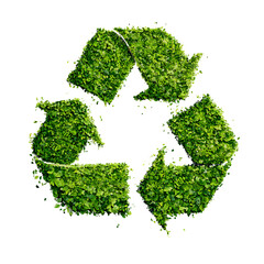 Recycling symbol made of green leaves isolated on transparent background.