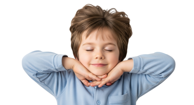 A young boy with brown hair and closed eyes, resting his chin on his hands, isolated on transparent background