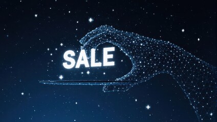 Unlock amazing deals as a futuristic digital hand presents the word SALE against a cosmic starry background, sparking excitement for your next purchase.