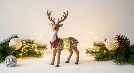 Reindeer figurine with fairy lights and snow decoration