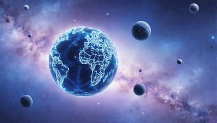 Stunning cosmic nebula backdrop features luminous blue earth and celestial bodies glowing with ethereal light