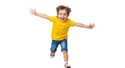 Excited young boy running with arms outstretched, isolated on transparent background