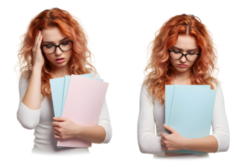 Frustrated young woman with red hair wearing glasses holding folders, looking stressed and overwhelmed