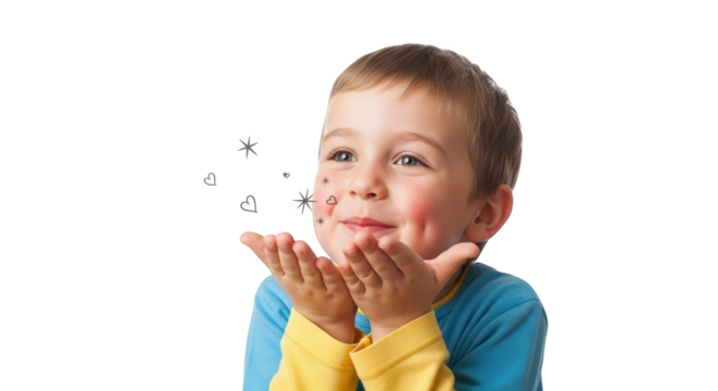 Cute young boy blowing kisses with hearts and stars, isolated on transparent background