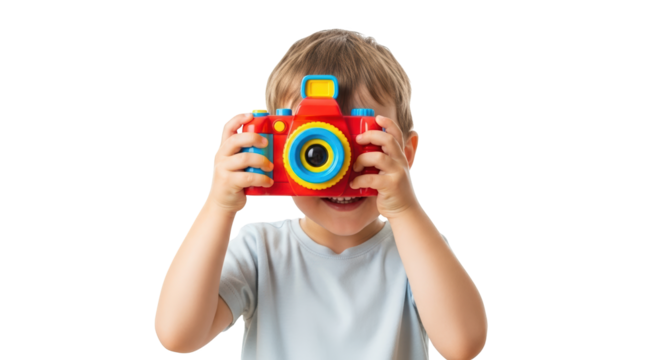 Young boy holding a colorful toy camera in front of his face, isolated on transparent background
