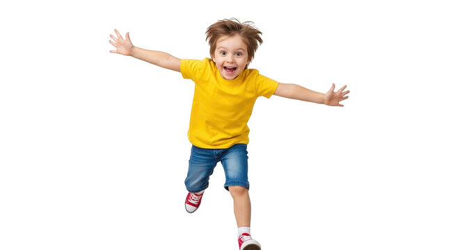 Excited young boy running with arms outstretched, isolated on transparent background