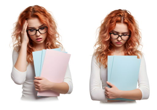 Frustrated young woman with red hair wearing glasses holding folders, looking stressed and overwhelmed