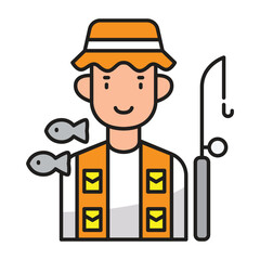 Cartoon fisherman in a hat and vest with fishing rod and fish