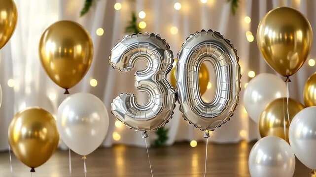 Elegant 30th birthday celebration with gold, white, and silver balloons.