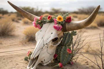 A steer skull with blooming desert cactus flowers , vector art, illustration art PNG 