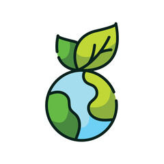 Cartoon earth with two green leaves growing from its top