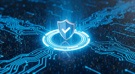 Cybersecurity shield glows on circuit board for robust digital protection