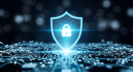 Secure digital network with glowing shield and padlock for robust data protection