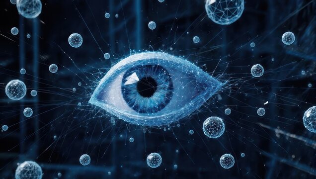 Dynamic digital eye visualizes futuristic data flow and global connectivity, representing AI and information networks.
