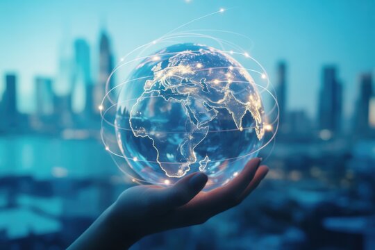 Global Connectivity: A hand cradles a glowing globe, crisscrossed by shimmering lines, set against a backdrop of city skyline, representing the interconnectedness of modern world.
